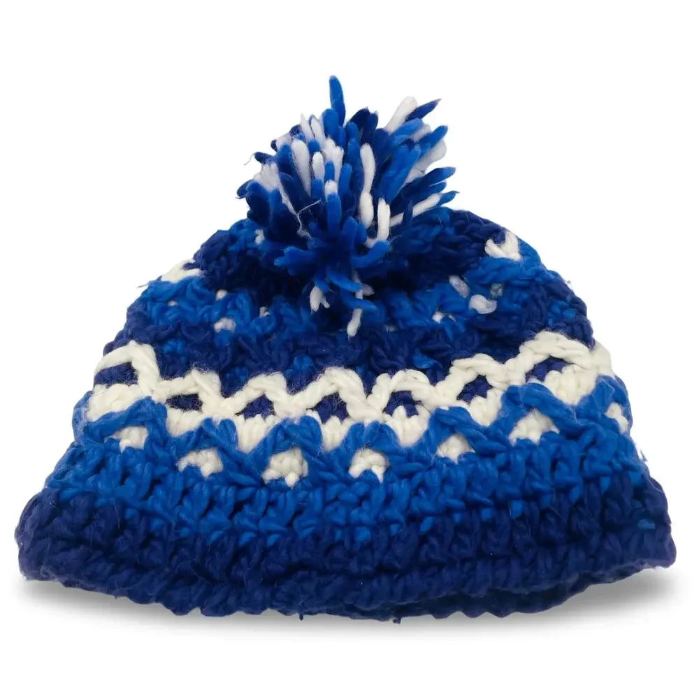 LL Bean Kids Medium Beanie Hat Blue Purple Knit Pom Fleece Lined Winter Ski Cap